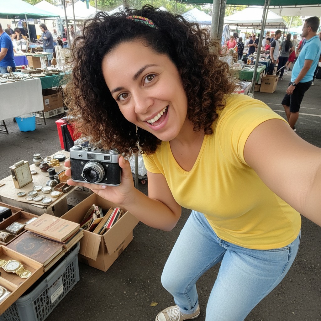 Mulher sorridente de camiseta amarela segura uma câmera fotográfica antiga em uma feira de antiguidades ao ar livre.