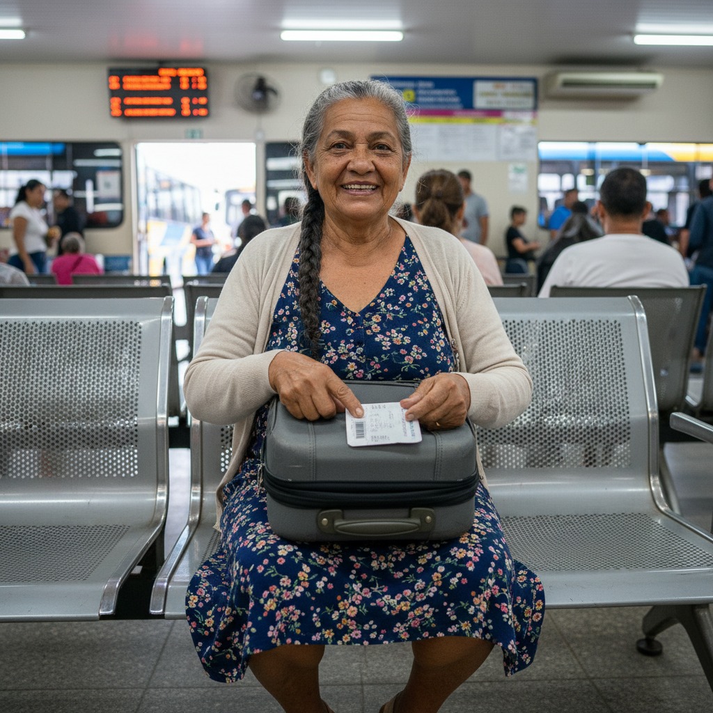 Mulher idosa sorridente sentada em uma sala de espera de rodoviária, segurando uma pequena mala cinza com uma passagem sobre ela.