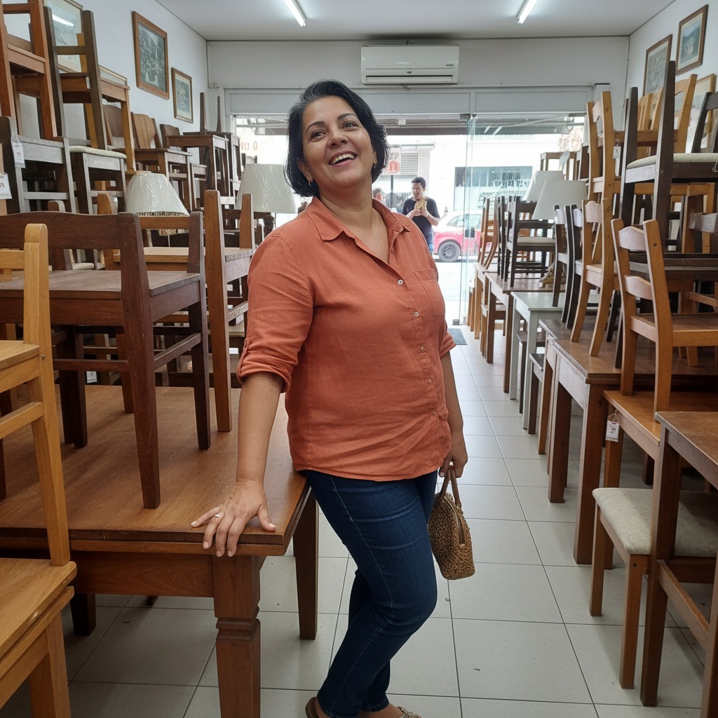 Mulher sorridente vestindo camisa laranja e calça jeans, apoiada em uma mesa de madeira em uma loja de móveis.